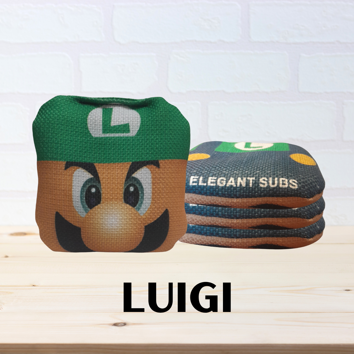 Luigi mini cornhole bags front and side image on a white background.
