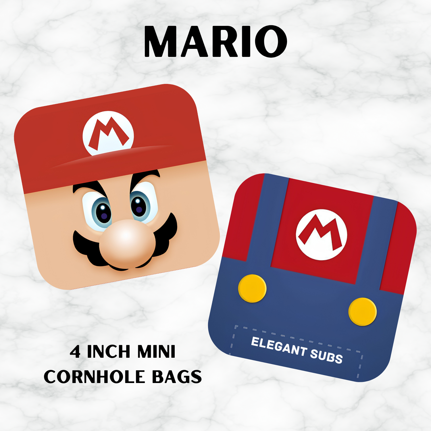 Two cornhole bags with Mario design on a textured white background