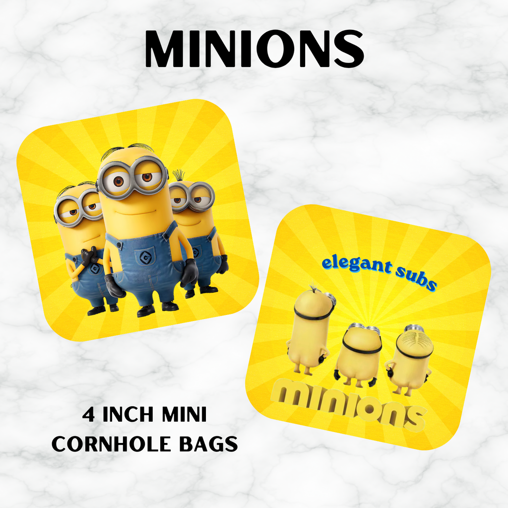 Two yellow cornhole bags with Minions design on a white background