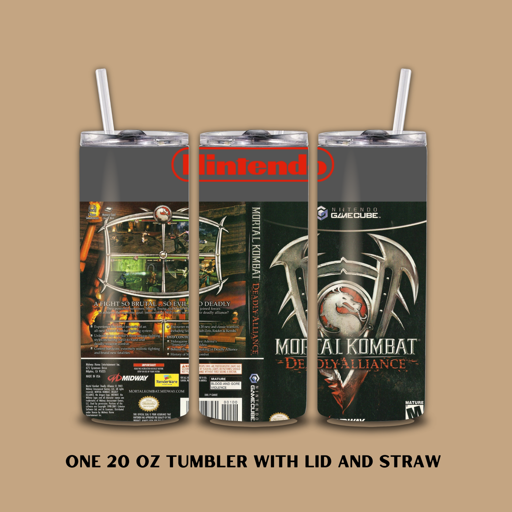 Three 20oz Tumblers with 'Nintendo' and 'Mortal Kombat' designs on a beige background