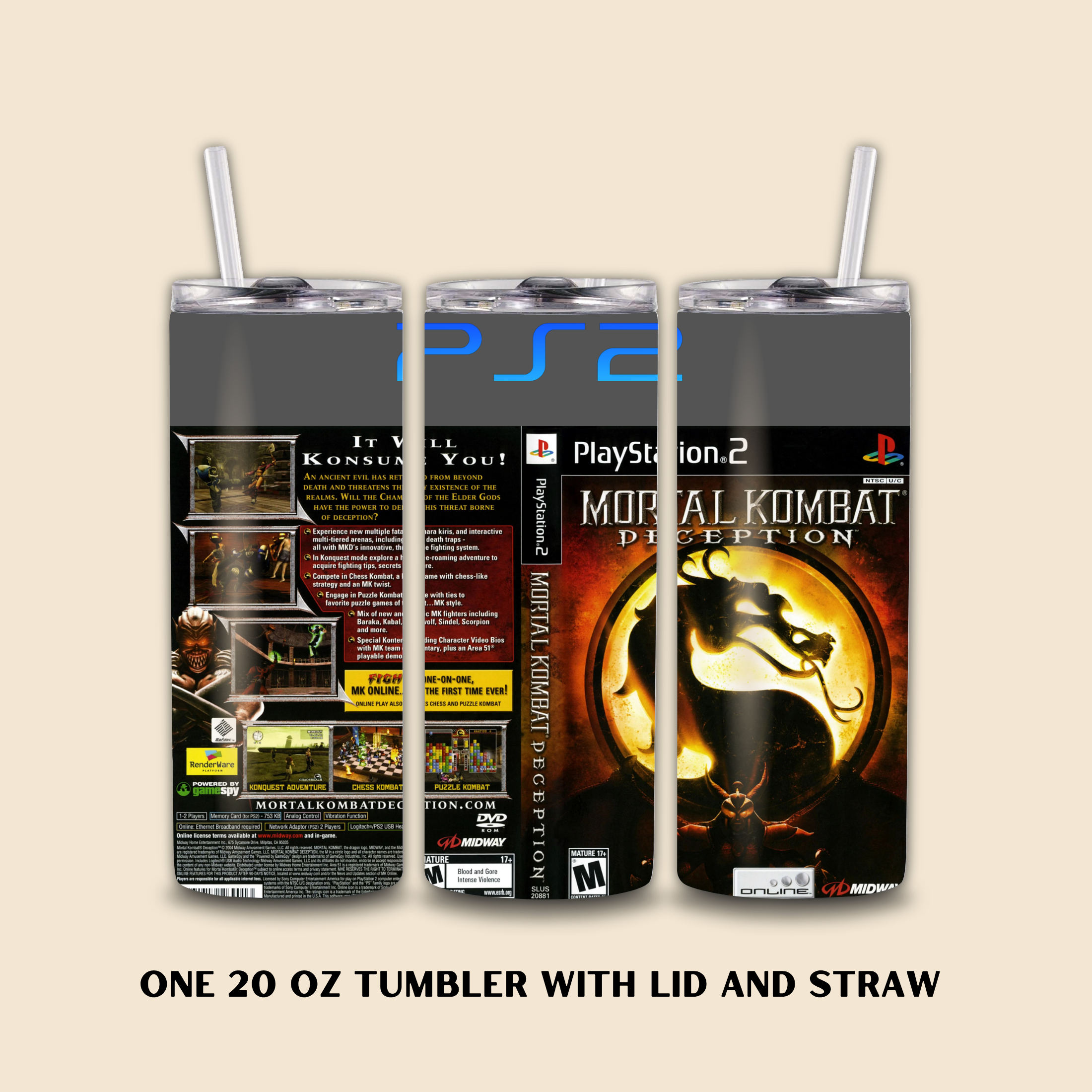 Three tumbler designs inspired by 'Mortal Kombat' and 'PlayStation 2' on a beige background.