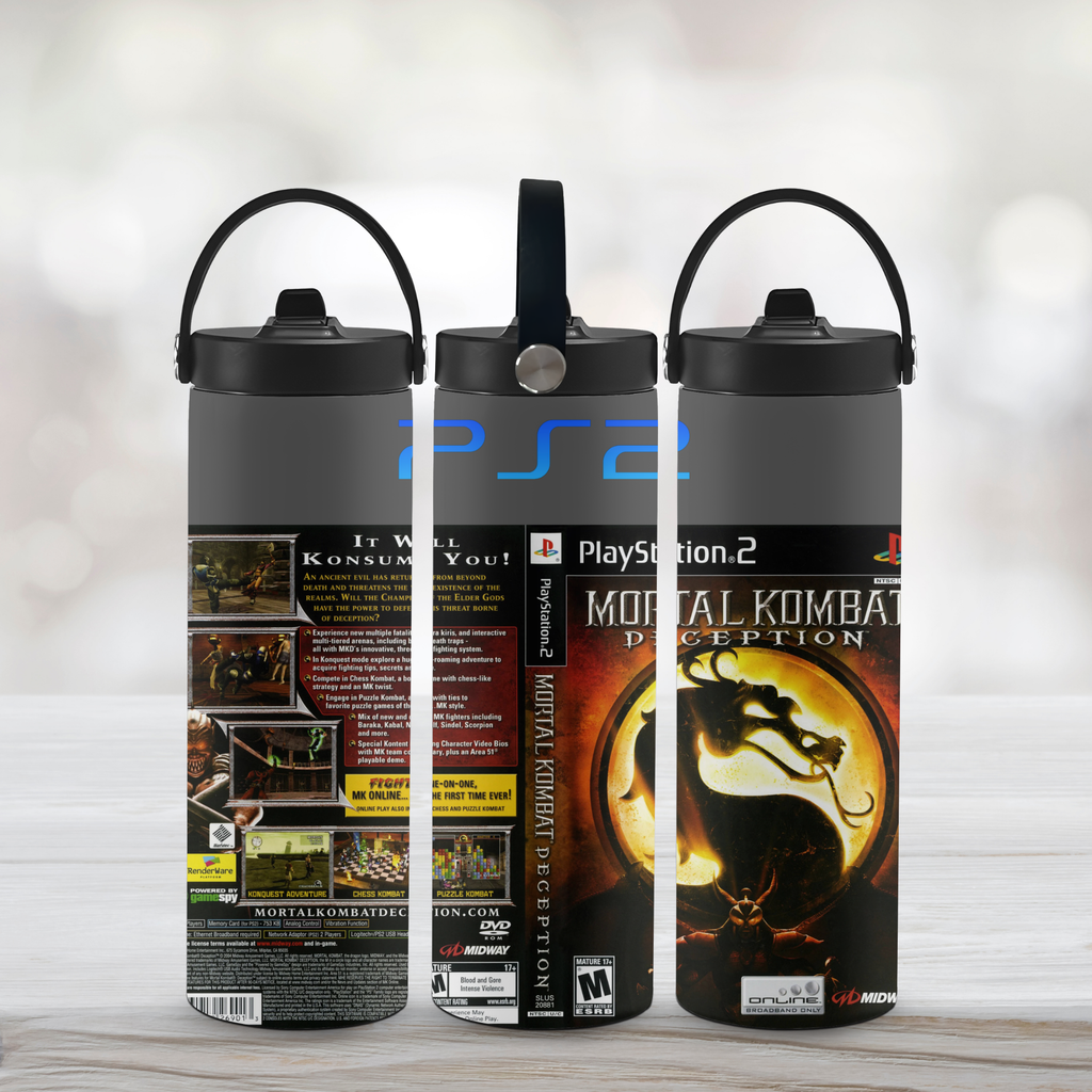 Three sports water bottle with 'Mortal Kombat Deception' and 'PlayStation 2' branding on a light background.