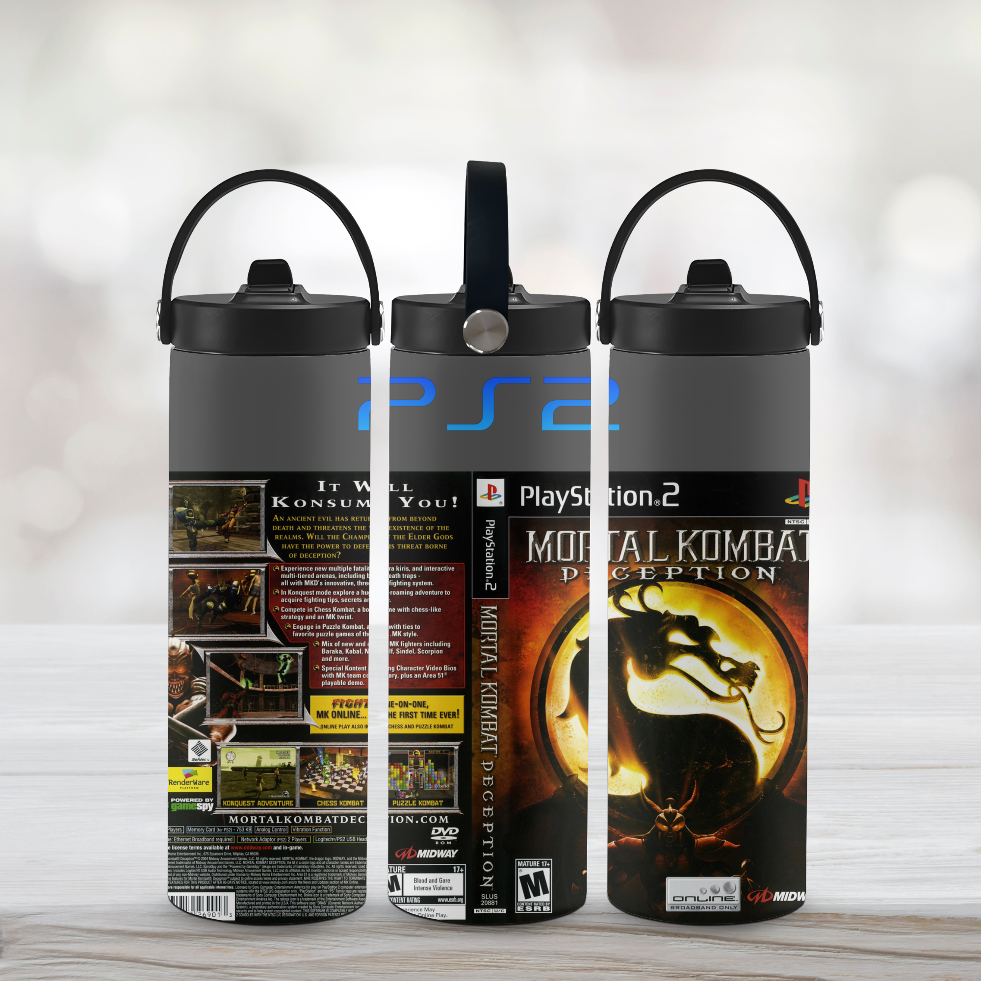 Three sports water bottle with 'Mortal Kombat Deception' and 'PlayStation 2' branding on a light background.
