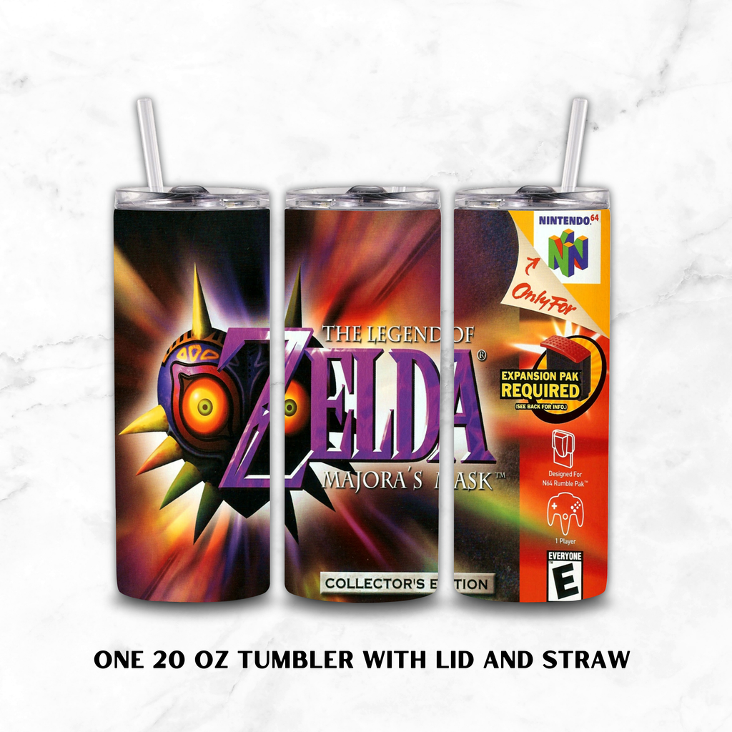Three views of a 20 oz stainless steel tumbler with lid and straw, featuring 'The Legend of Zelda: Majora's Mask' collector's edition wrap design. The left view shows the spiky purple and orange logo, the center shows the main title, and the right view shows retro Nintendo branding including 64.