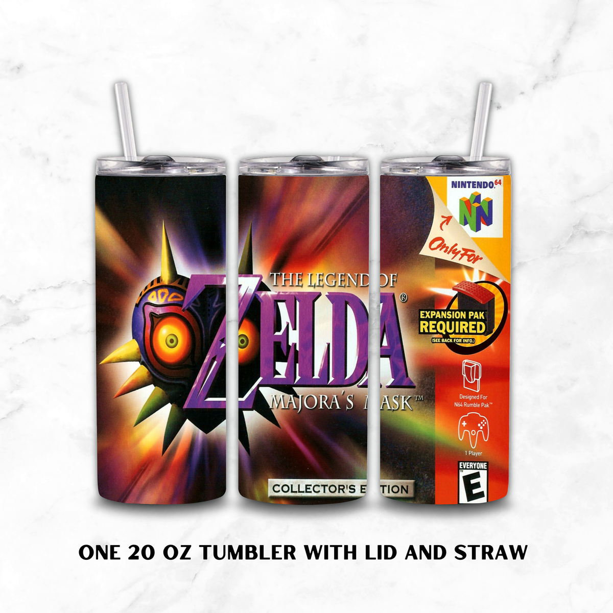 Three views of a 20 oz stainless steel tumbler with lid and straw, featuring 'The Legend of Zelda: Majora's Mask' collector's edition wrap design. The left view shows the spiky purple and orange logo, the center shows the main title, and the right view shows retro Nintendo branding including 64.