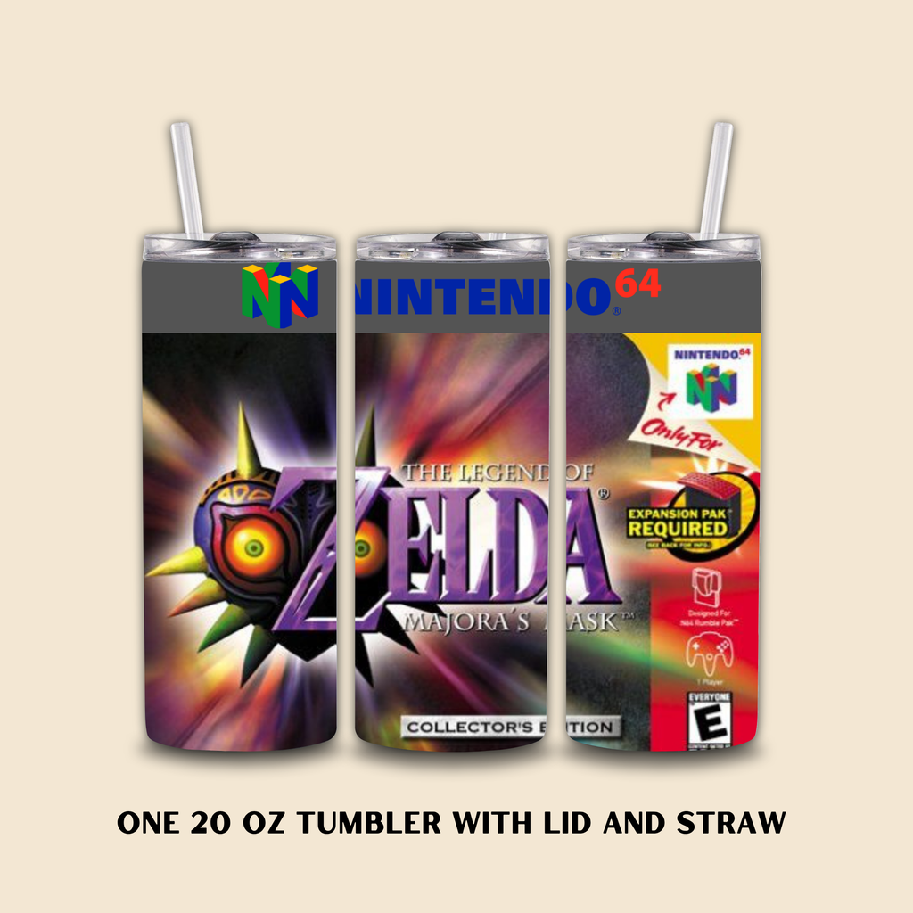 Three tumbler designs inspired by majora's mask on a beige background