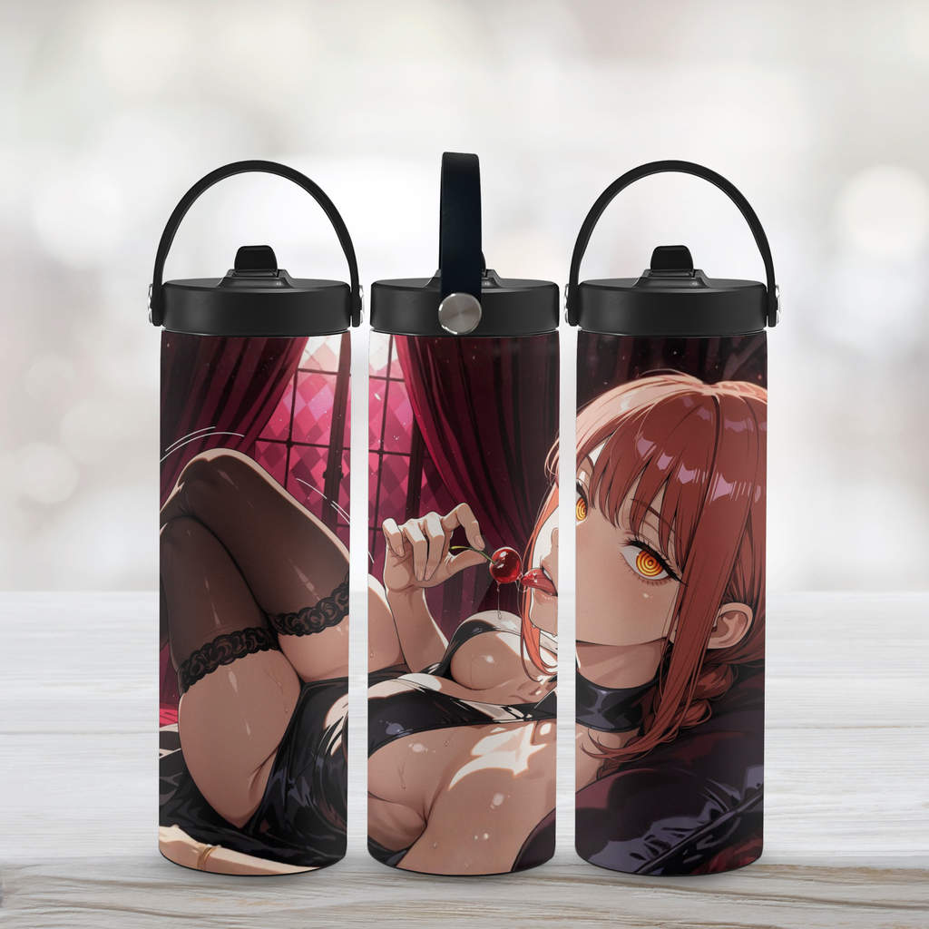 Three sports water bottles with an anime Makima character design on a light background