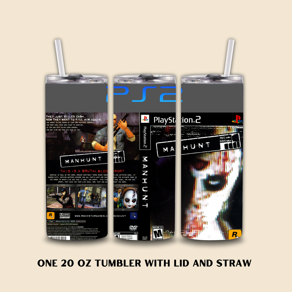 PlayStation 2 Manhunt 20oz tumbler with lid and straw on a beige background