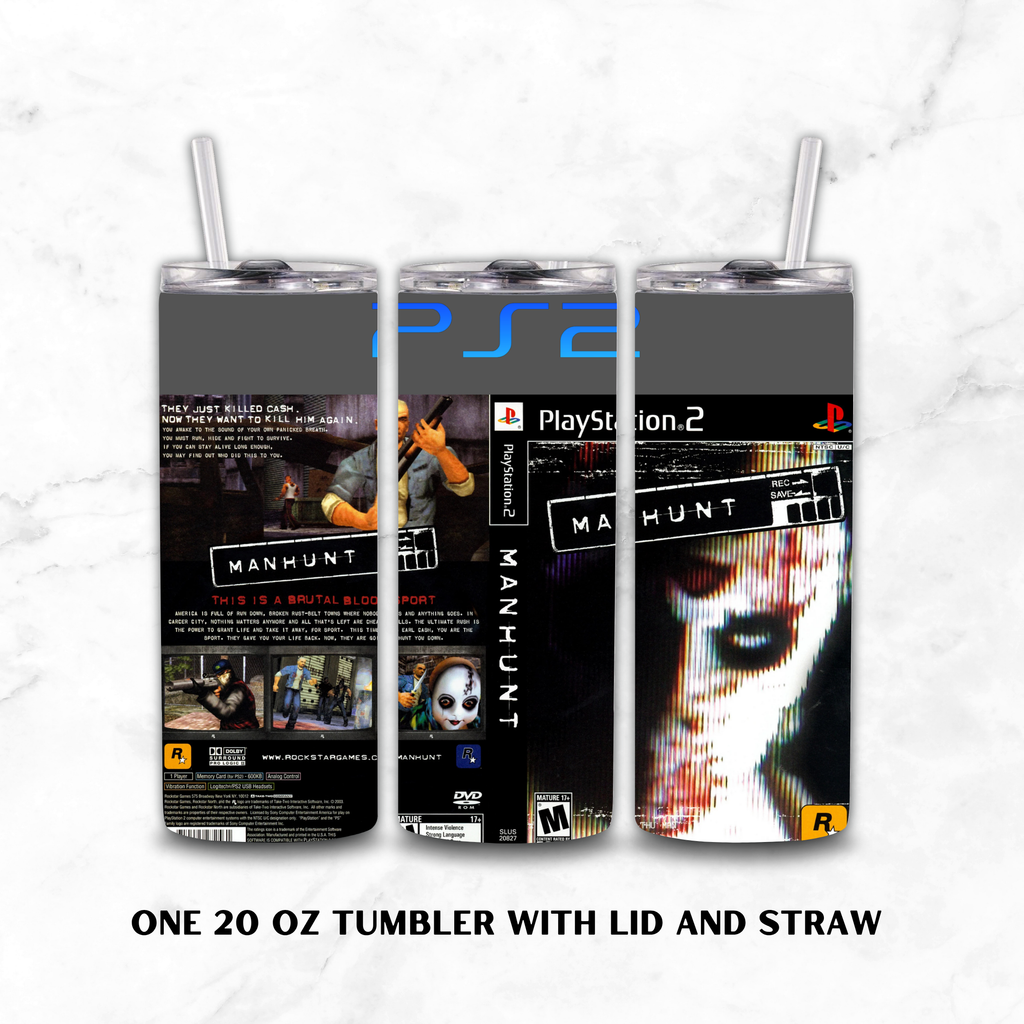 Three views of a 20 oz tumbler with lid and straw, featuring a PlayStation 2 themed 'Manhunt' skin design, displayed on a white marble background.