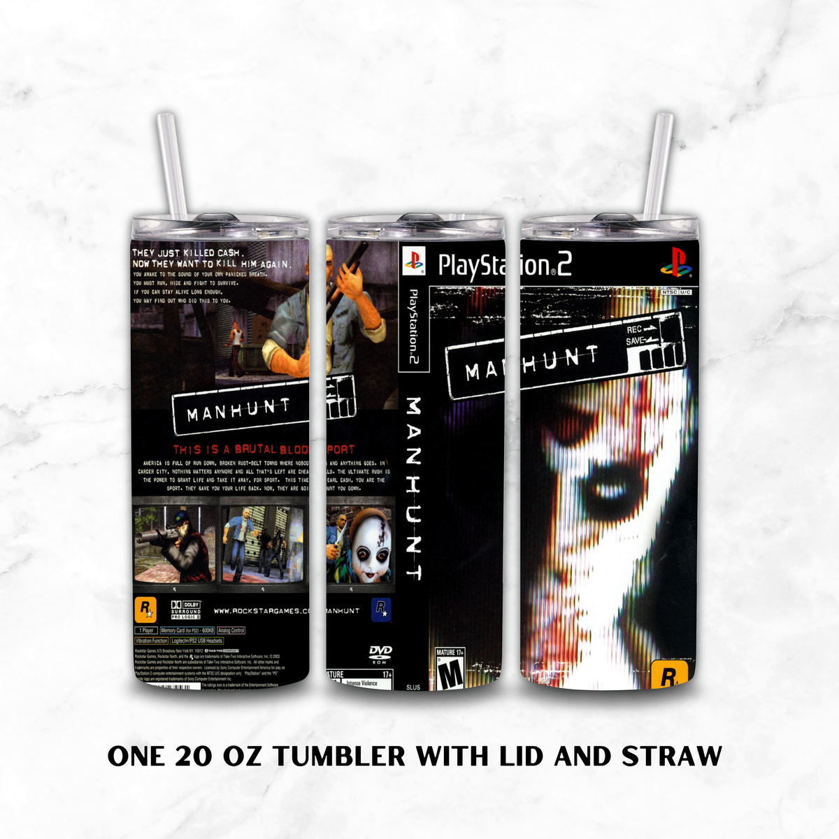 Three views of a 20 oz stainless steel tumbler with lid and straw, featuring a PlayStation 2 'Manhunt' video game themed wrap design on a white marble background.