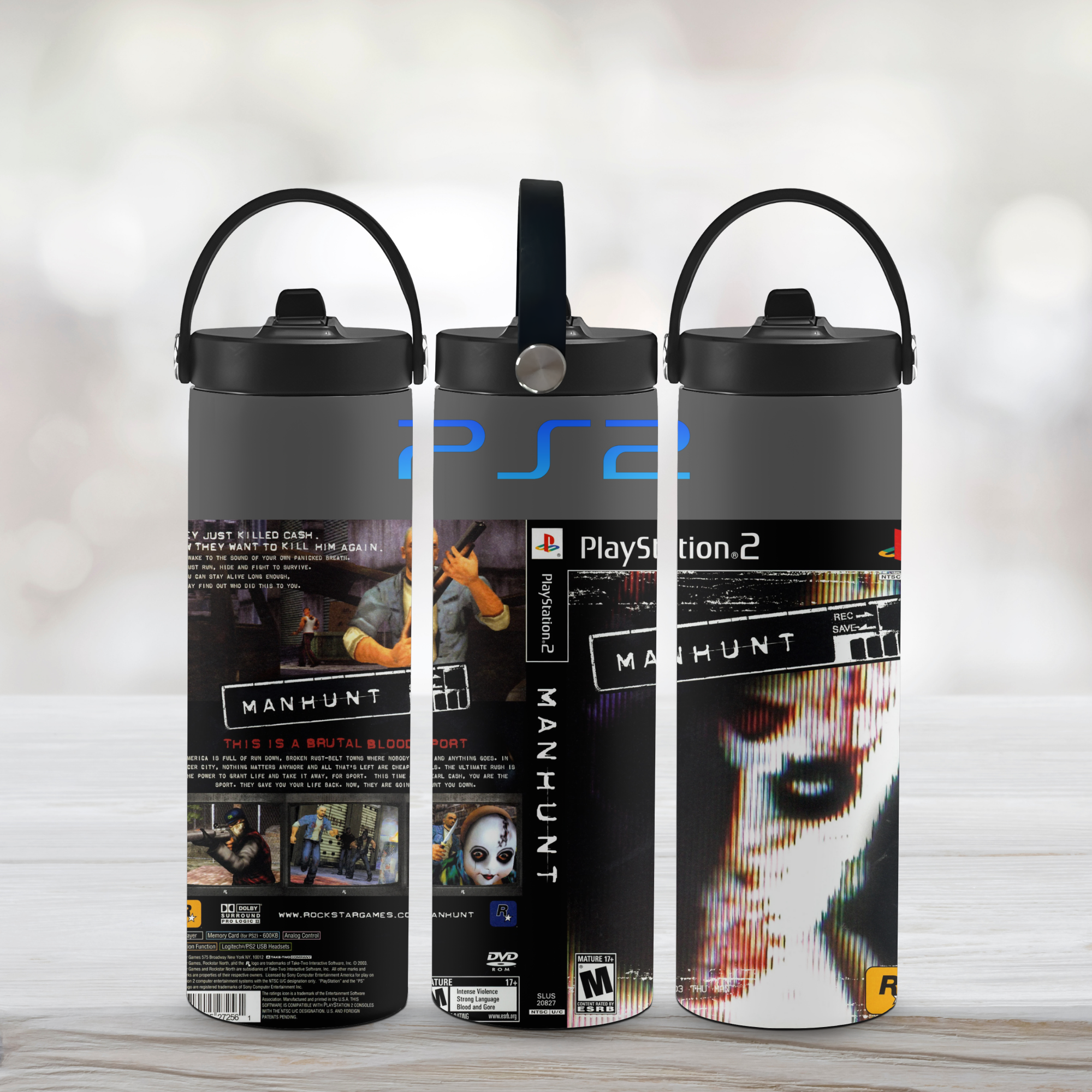 Three sports water bottle with PlayStation 2 Manhunt design on a light background
