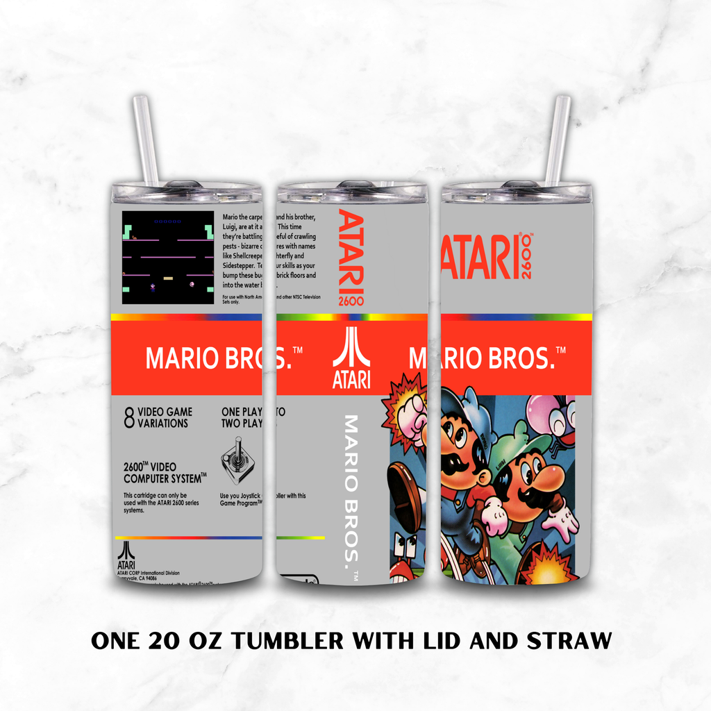 Three Views 20oz stainless steel tumbler 'Mario Bros.' Atari theme, on a white background.