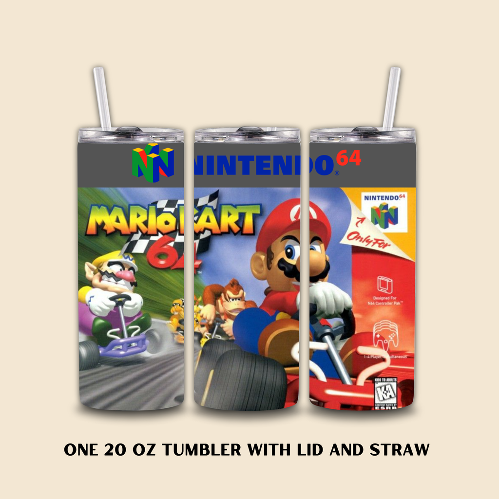 Three tumbler with lids and straws featuring Nintendo 64 with mario kart 64 game covers on a beige background.