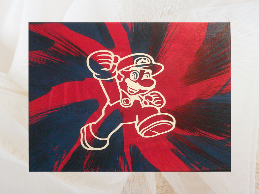 Super Mario Spin Art canvas wall art on a light-colored background.