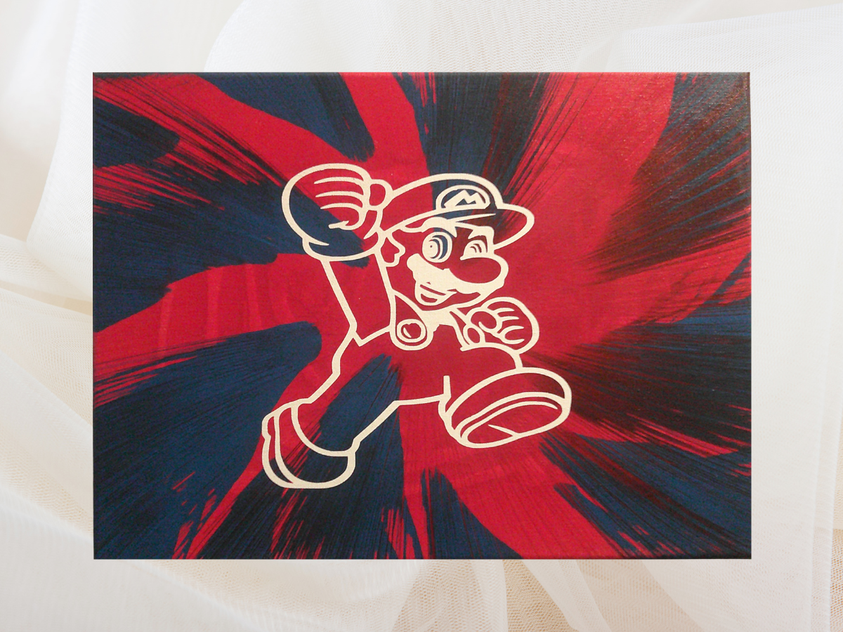 Super Mario Spin Art canvas wall art on a light-colored background.