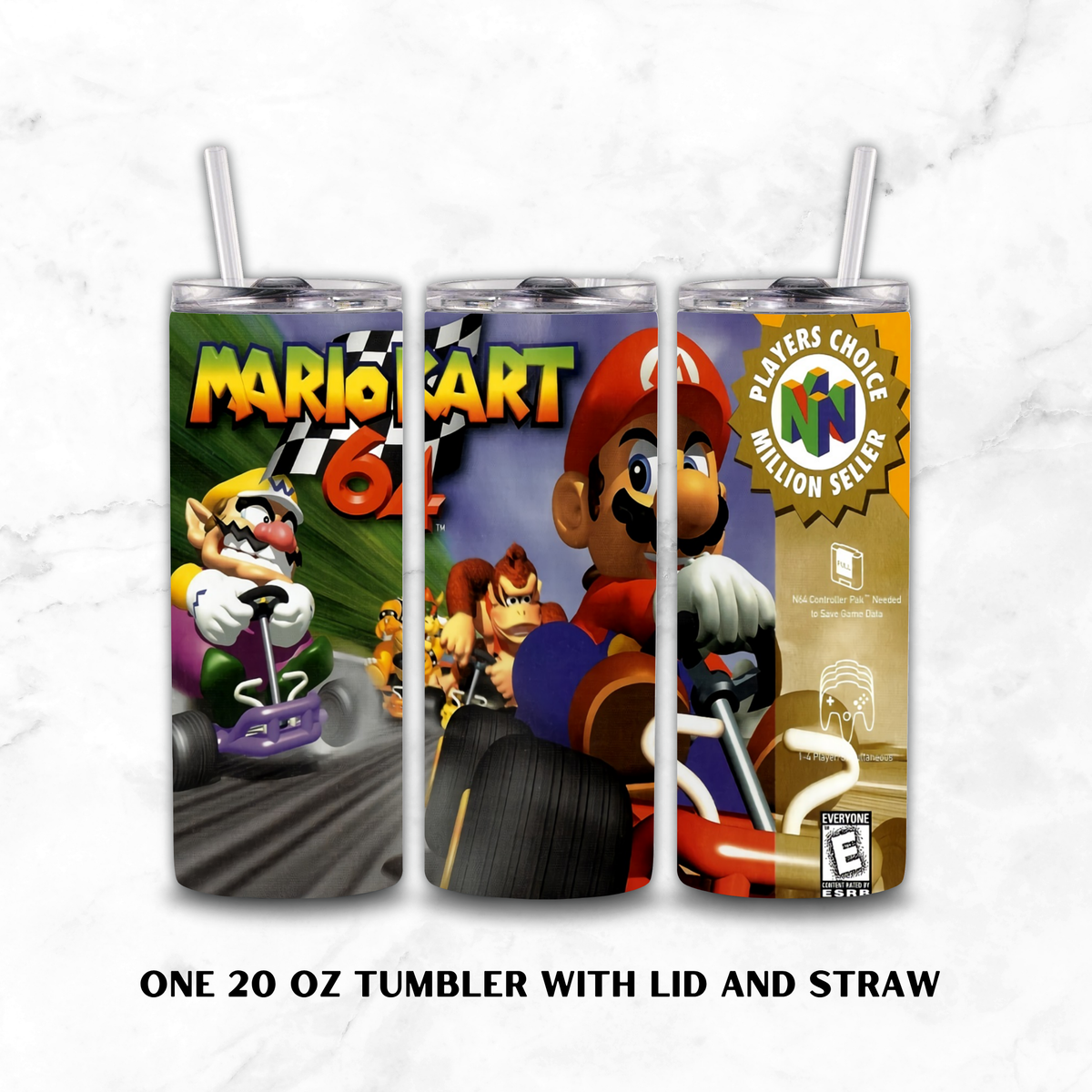 Three views of a 20 oz stainless steel tumbler with lid and straw, featuring a colorful Mario Kart 64 video game wrap design on a white marble background.