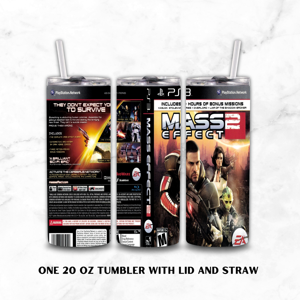 Three views of a 20 oz stainless steel tumbler with lid and straw, printed with Mass Effect 2 game artwork and text, shown on a white marble background. Visible brands include PlayStation 3 and EA.
