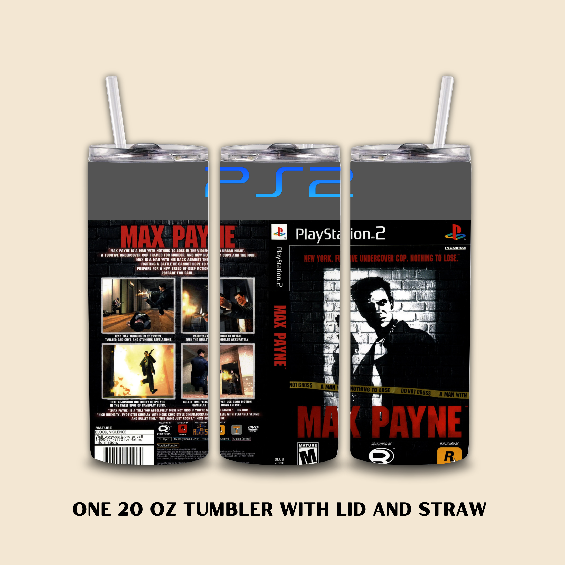 Three tumbler with lid and straw designs inspired by 'Max Payne' and PlayStation 2 branding on a beige background.