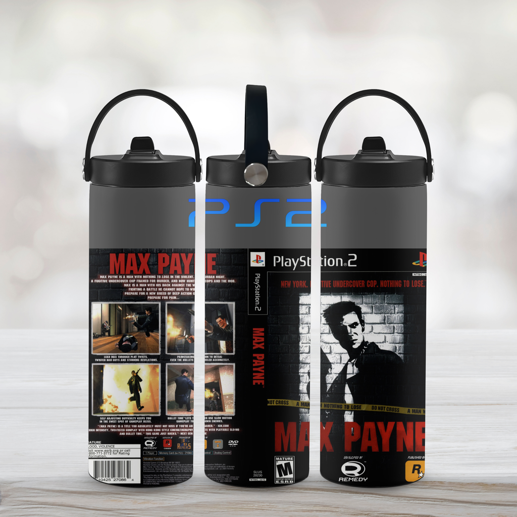 Three 'Max Payne' themed water bottles with PlayStation 2 branding on a light wooden surface.