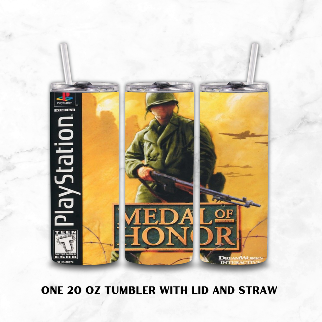 Three Viewed 20oz Stainless Steel Tumbler of Medal of Honor design & PS1 design on a marble white background.