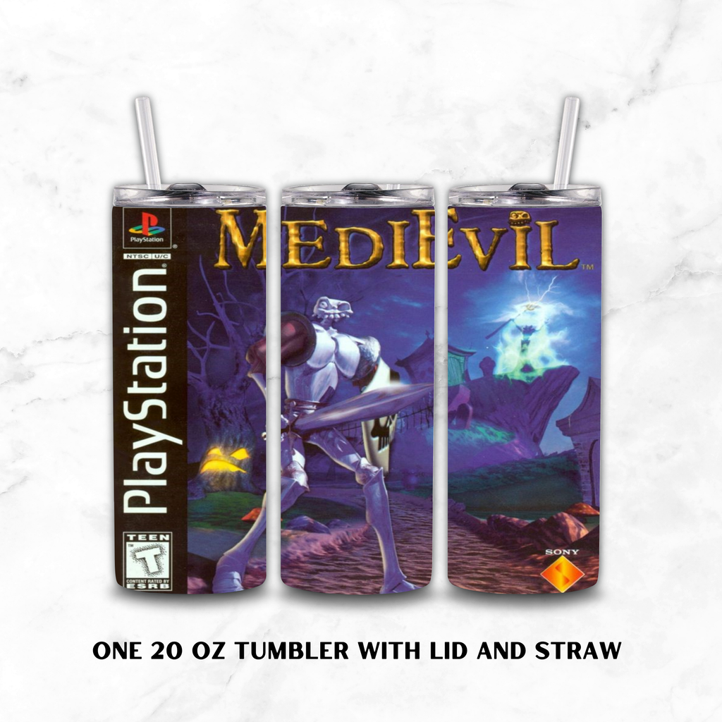 Three views of a 20 oz stainless steel tumbler with lid and straw, featuring a custom PlayStation Media Evil video game cover wrap. The tumbler displays artwork from the game, including the PlayStation logo, the title 'MEDIA EVIL', and character designs, set against a white marble background with text at the bottom.