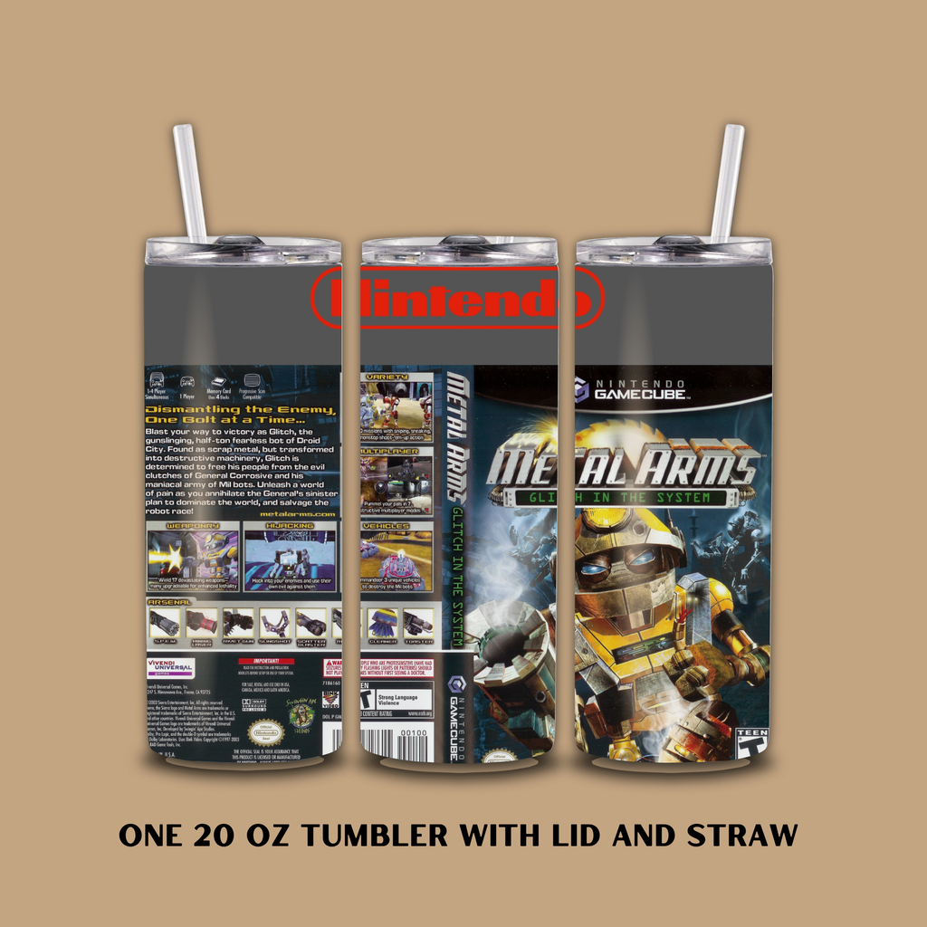 Three Metal Arms 20oz tumbler with lid and straw on a beige background