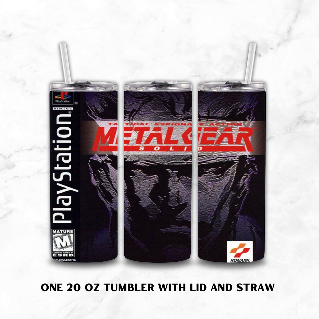 Three views of a 20 oz skinny tumbler with lid and straw, featuring PlayStation Metal Gear Solid artwork on a dark background, shown on a white marble surface.