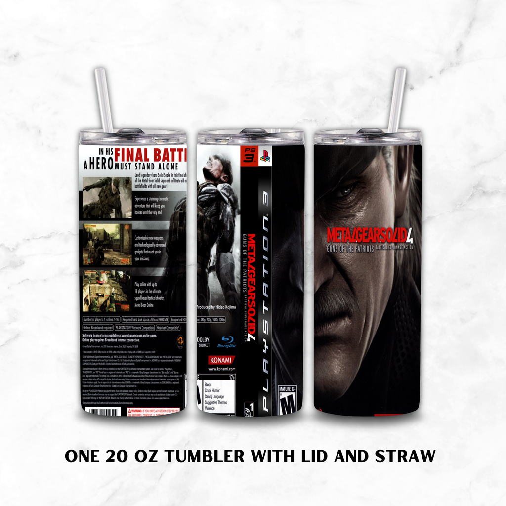 Three 20oz stainless steel metal gear solid 4 guns of the patriots tumbler with a ps3 theme, on a white marble background.