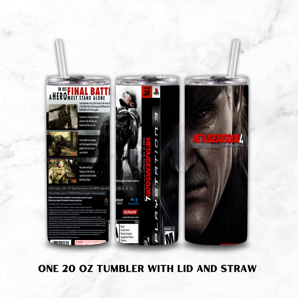 Three 20oz stainless steel metal gear solid 4 guns of the patriots tumbler with a ps3 theme, on a white marble background.