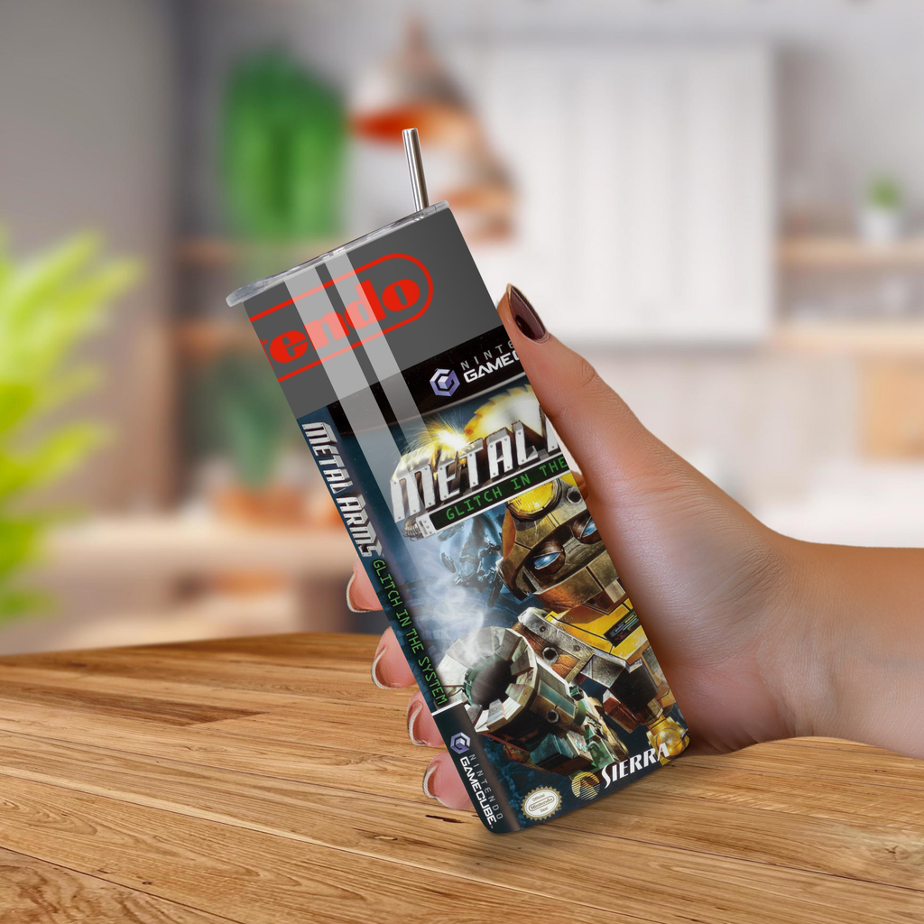 A 20oz tumbler with Metal Arms and Nintendo branding with a wood background.
