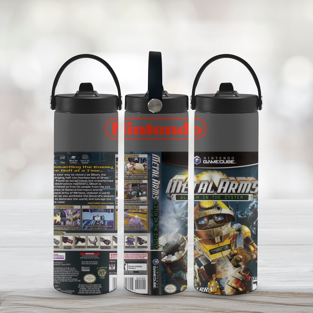 Three sports water bottles with 'Nintendo' branding and 'Metal Arms' design on a light background.