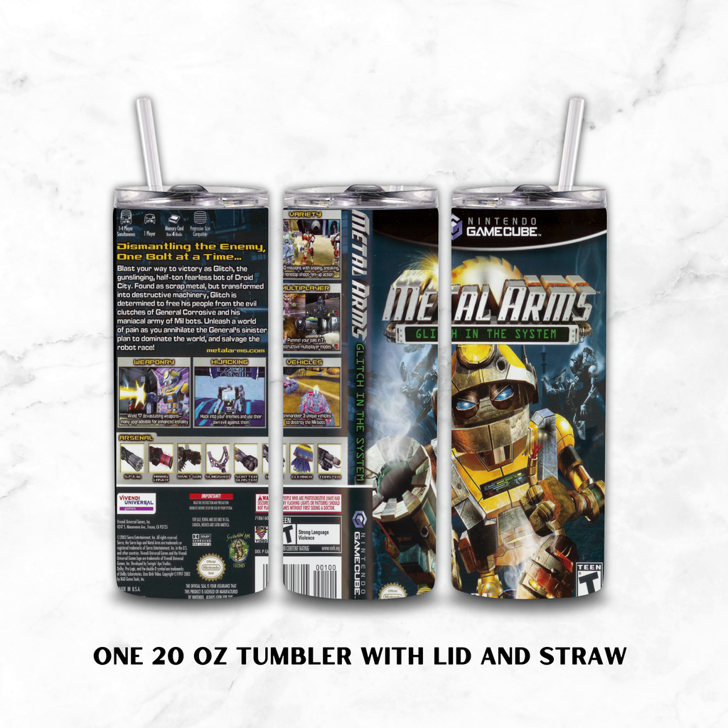 A 20 oz tumbler with lid and straw shown from three angles on a white marble background. The tumbler features a full wrap design inspired by the video game Metal Arms: Glitch in the System, with artwork of a yellow robot and game text.