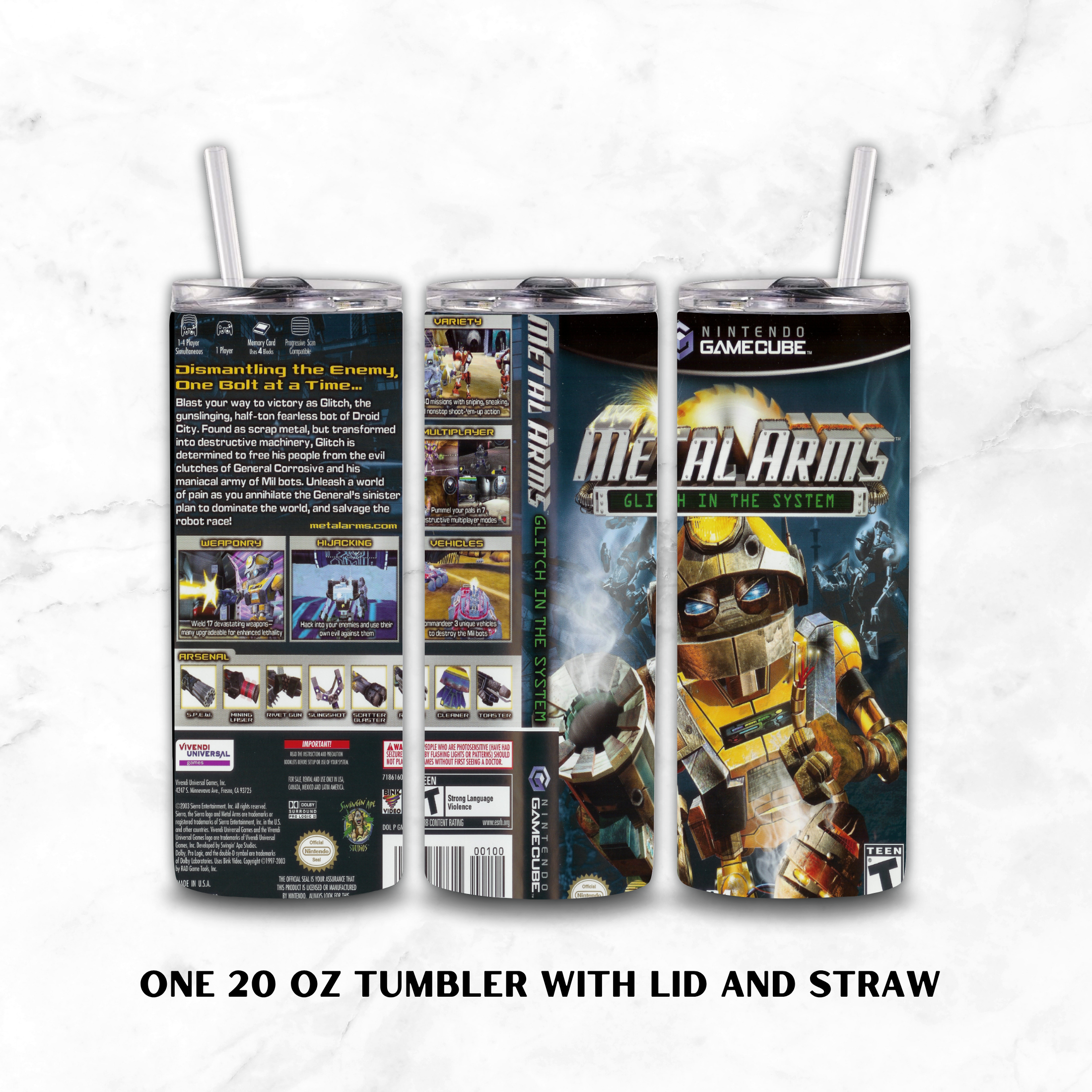 A 20 oz tumbler with lid and straw shown from three angles on a white marble background. The tumbler features a full wrap design inspired by the video game Metal Arms: Glitch in the System, with artwork of a yellow robot and game text.