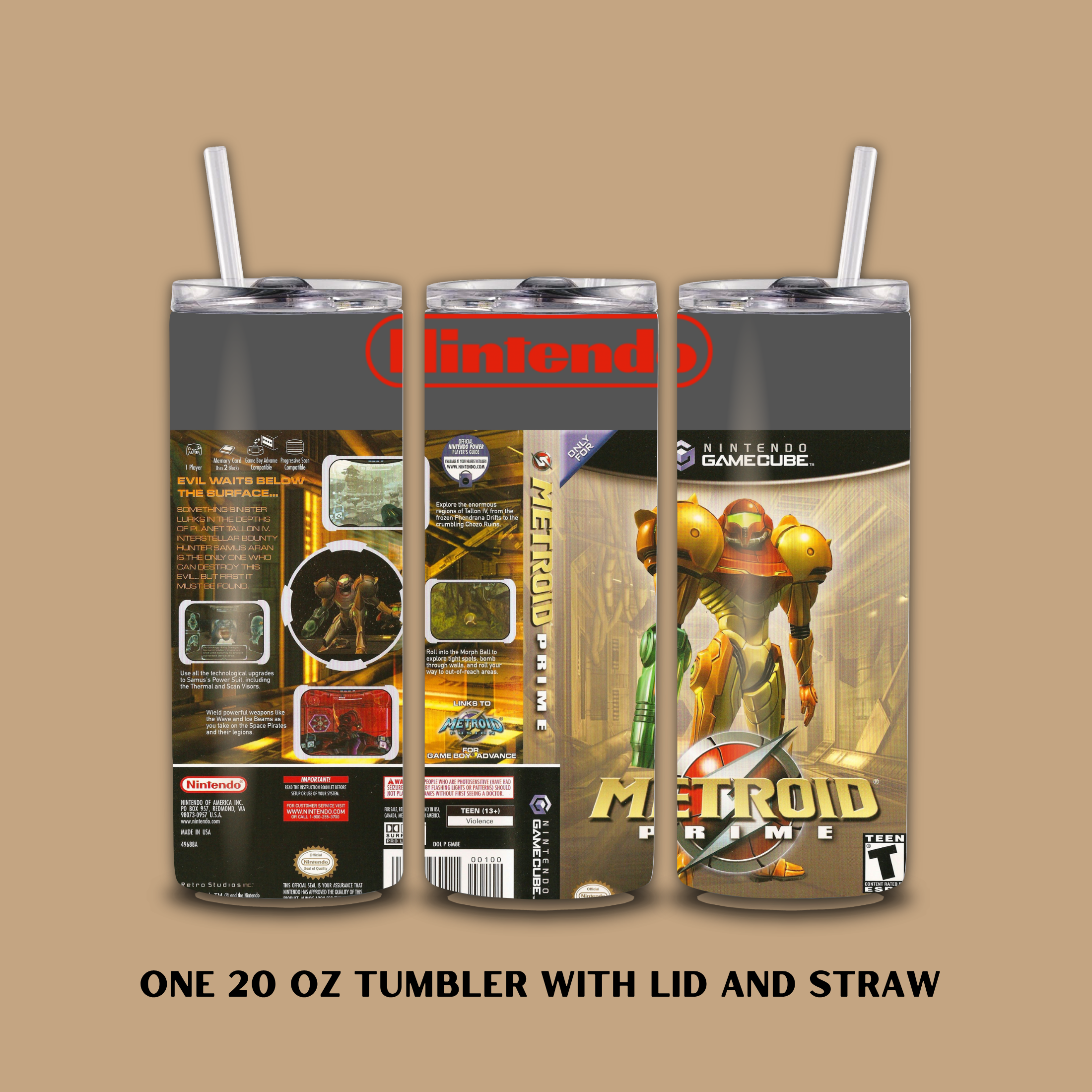 Three Tumblers with lid and straw featuring Nintendo GameCube Metroid Prime design on a beige background