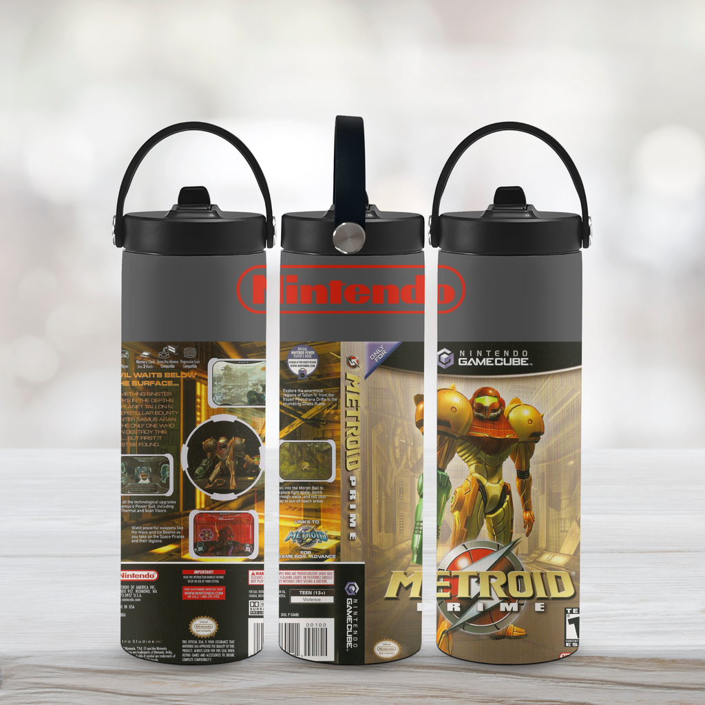 Three sports water bottles with Nintendo branding and 'Metroid Prime' design on a light background