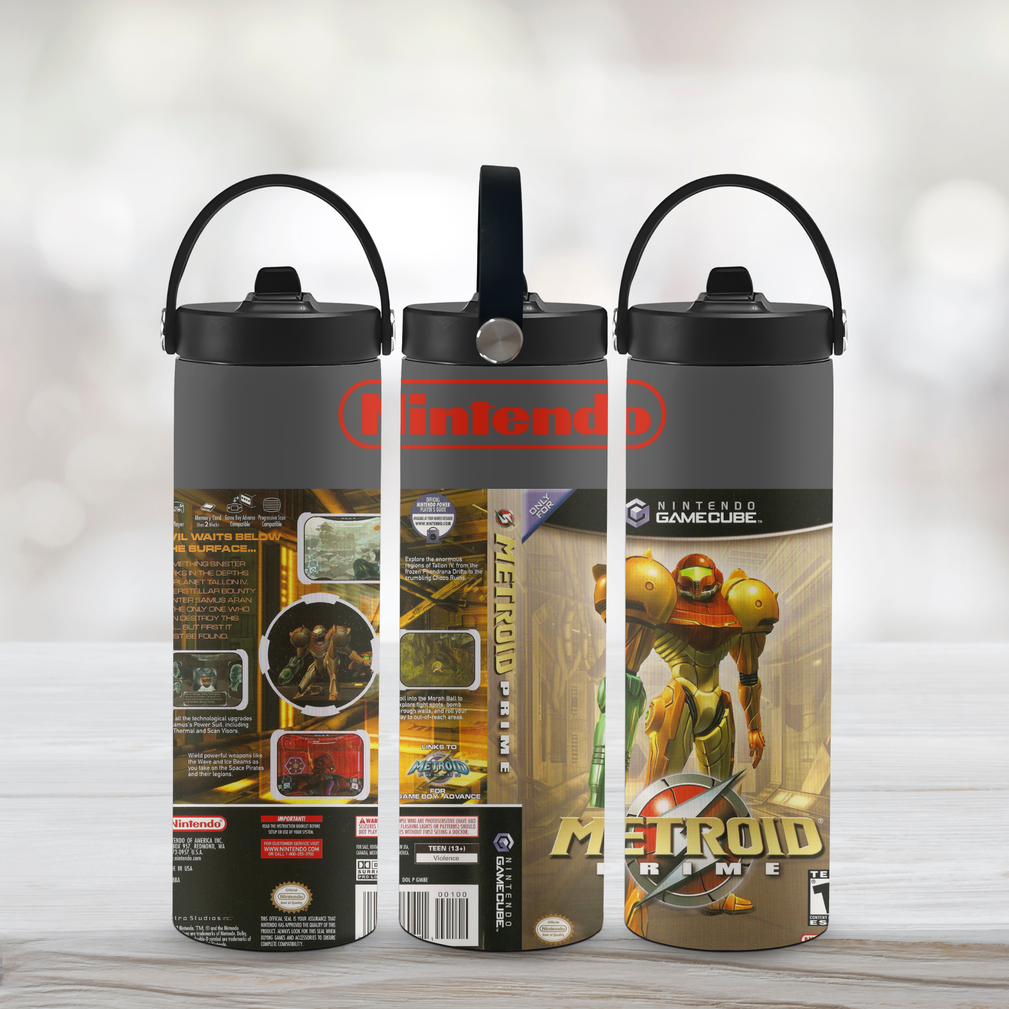 Three sports water bottles with Nintendo branding and 'Metroid Prime' design on a light background