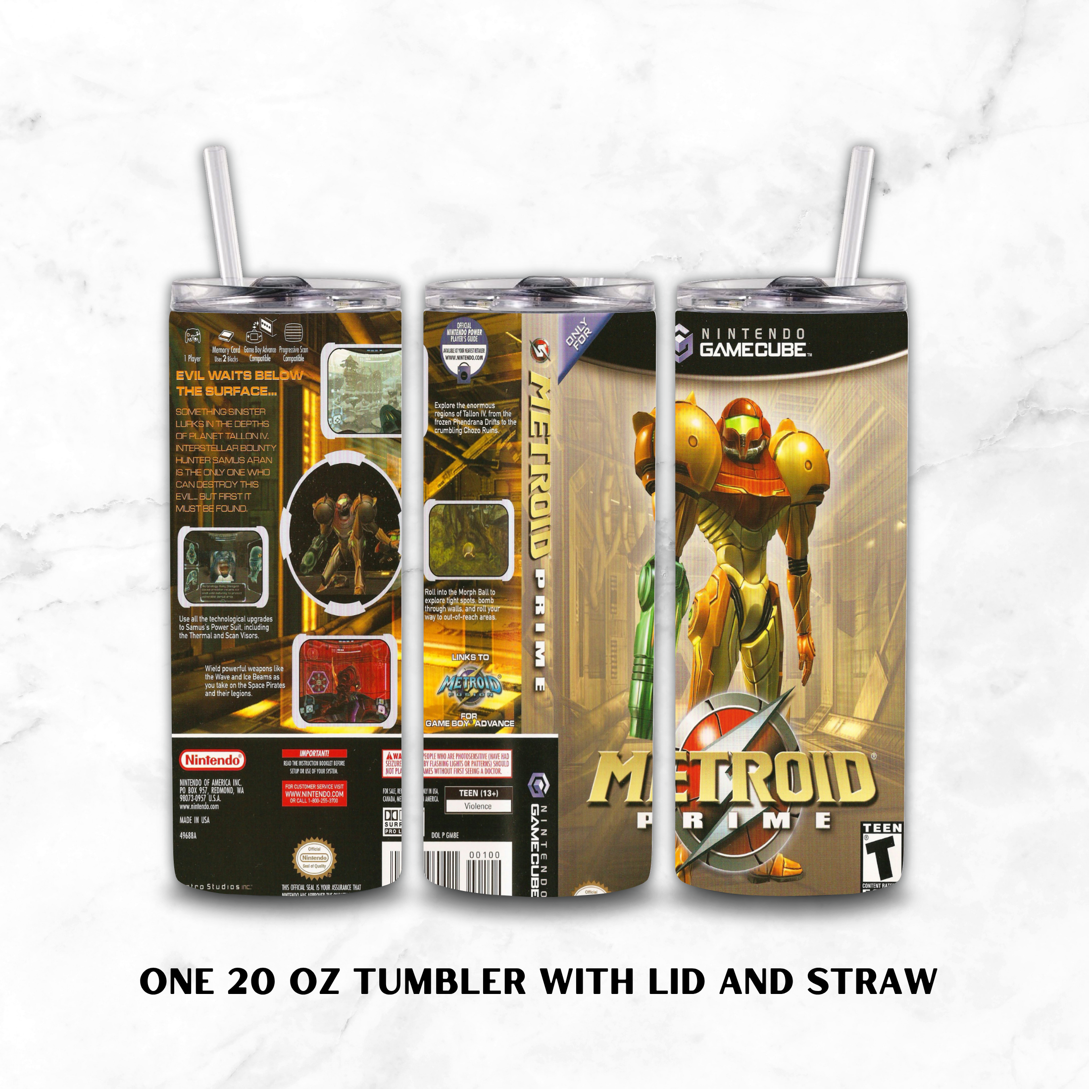 Three views of a 20 oz stainless steel tumbler with lid and straw, featuring a Metroid Prime video game cover design on a white marble background. The product displays the front, back, and side wraps with Nintendo GameCube branding and Metroid Prime artwork.