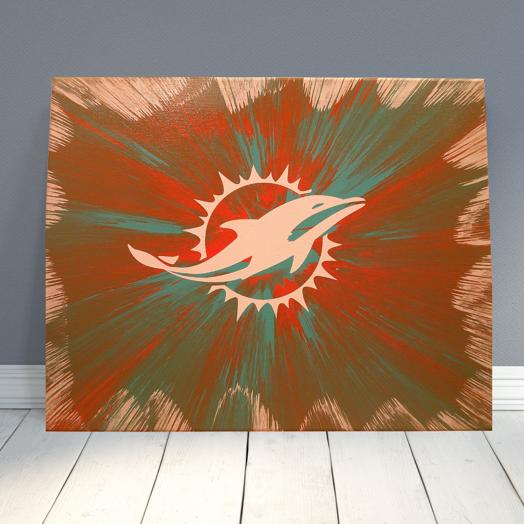 Abstract football‑themed spin art inspired by Miami Dolphins colors