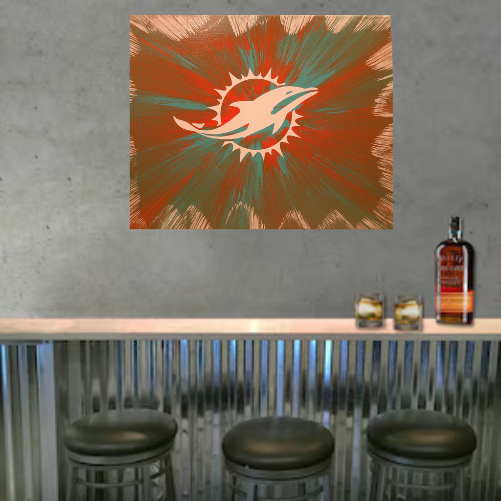 Miami Dolphins Spin Art on a wall above a bar counter.