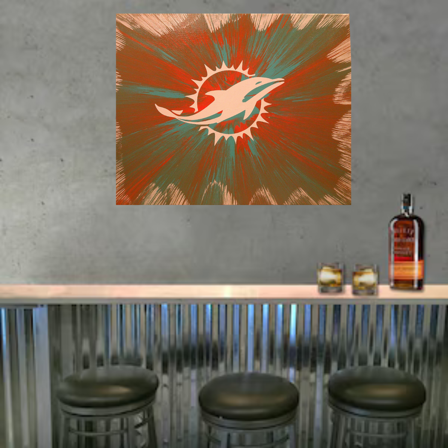 Miami Dolphins Spin Art on a wall above a bar counter.