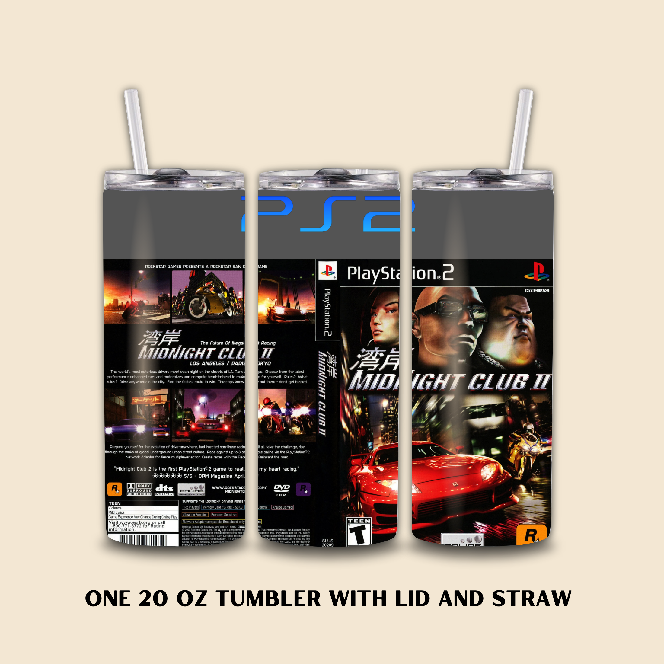 Three 20 oz tumblers with PlayStation 2 game Midnight Club II design on a beige background.