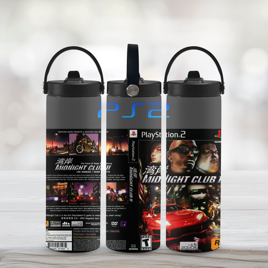 Three water bottles with play station Midnight Club II designs on a white background. 