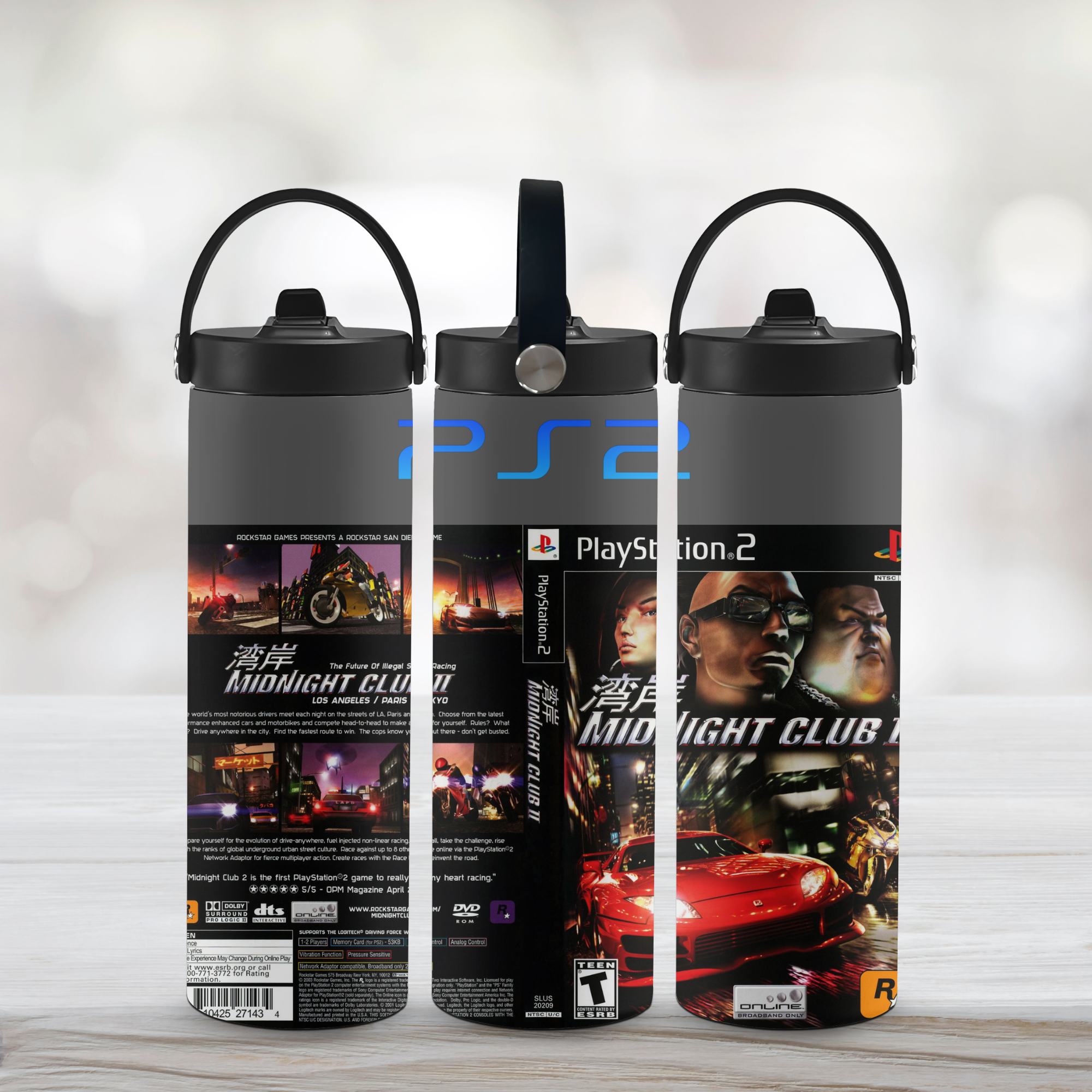Three water bottles with play station Midnight Club II designs on a white background. 