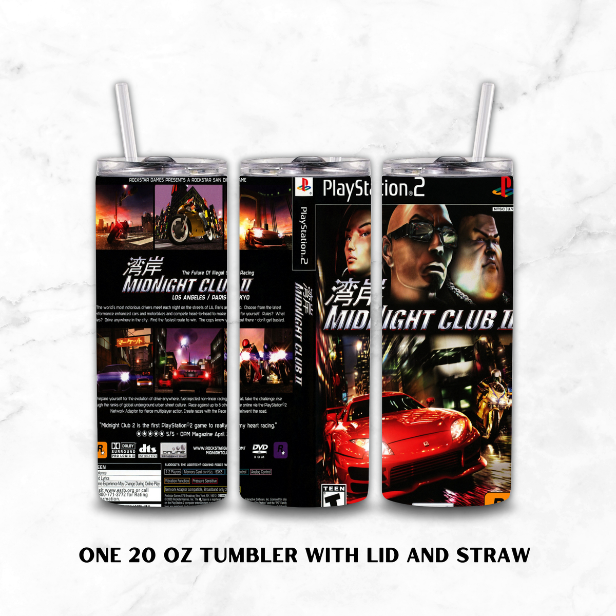 Three views of a 20 oz tumbler with lid and straw, featuring a PlayStation 2 themed Midnight Club 2 wrap design, shown on a white marble background with text at the bottom.