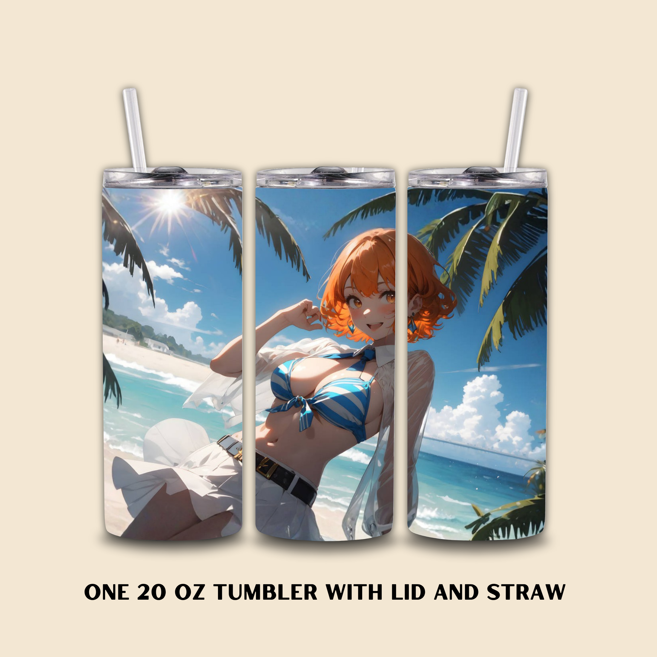 Three 20oz Tumbler with Miku Nakano design on a beige background