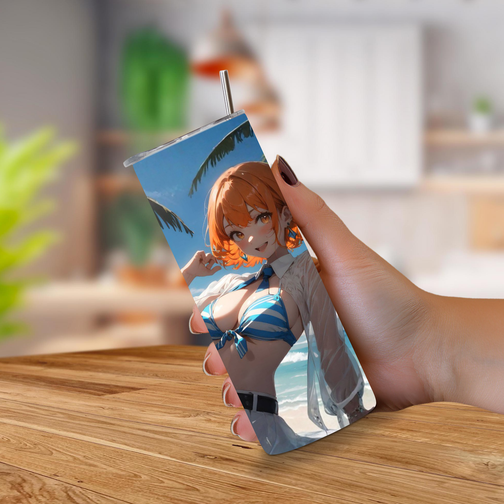 20oz Tumbler with Miku Nakano design held by a hand on a wooden surface