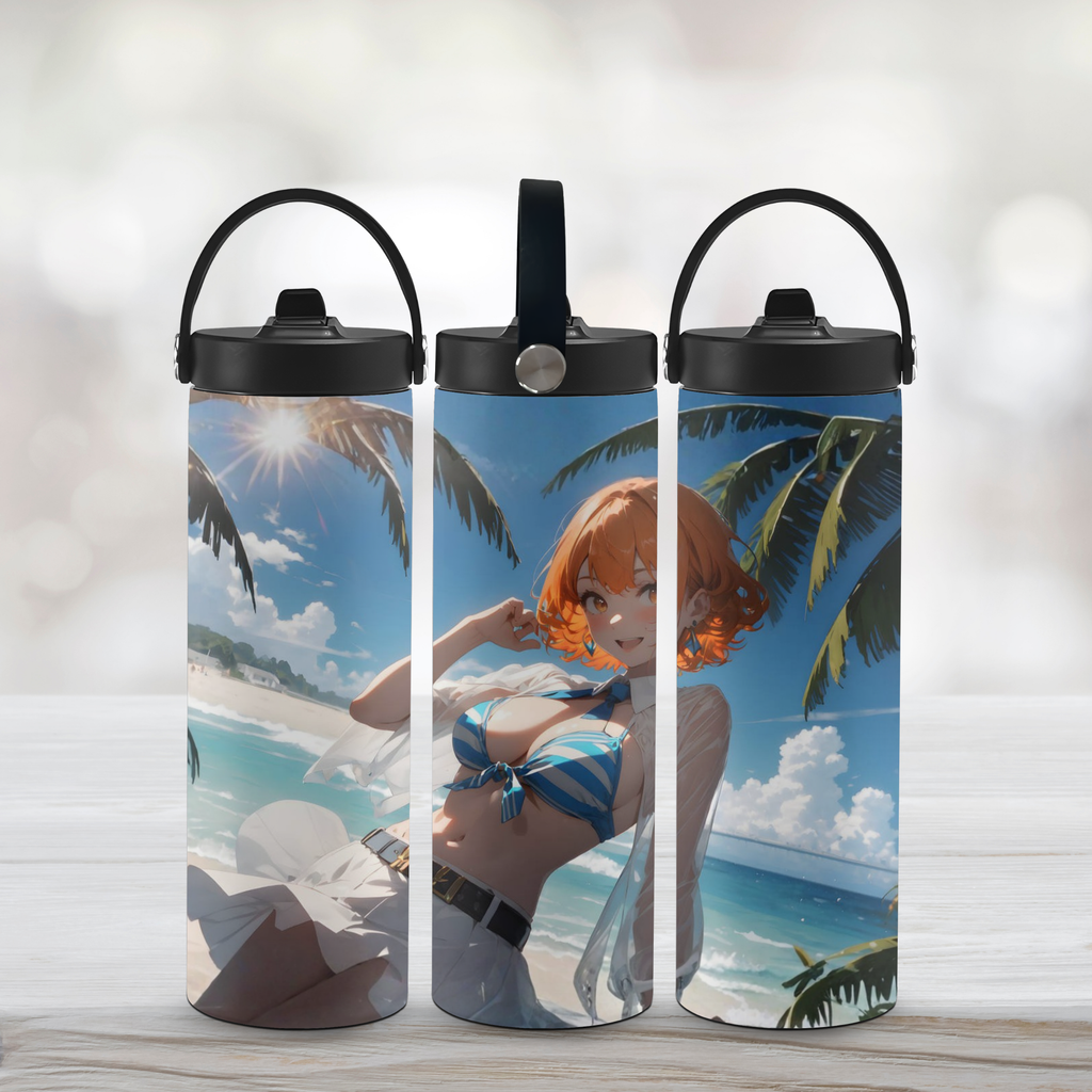 Three sports water bottles with a beach-themed design featuring a Miku Nakano in a bikini.