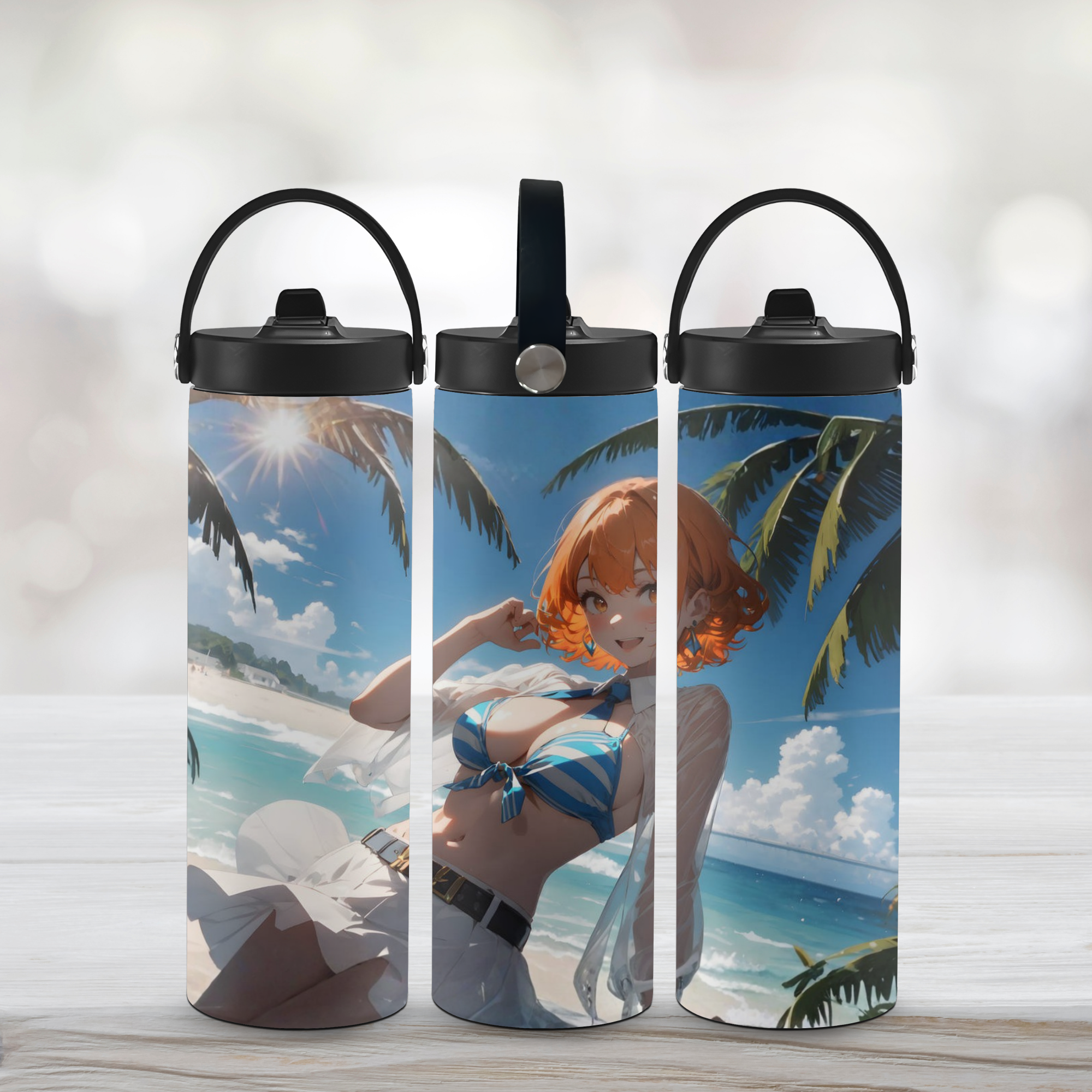 Three sports water bottles with a beach-themed design featuring a Miku Nakano in a bikini.
