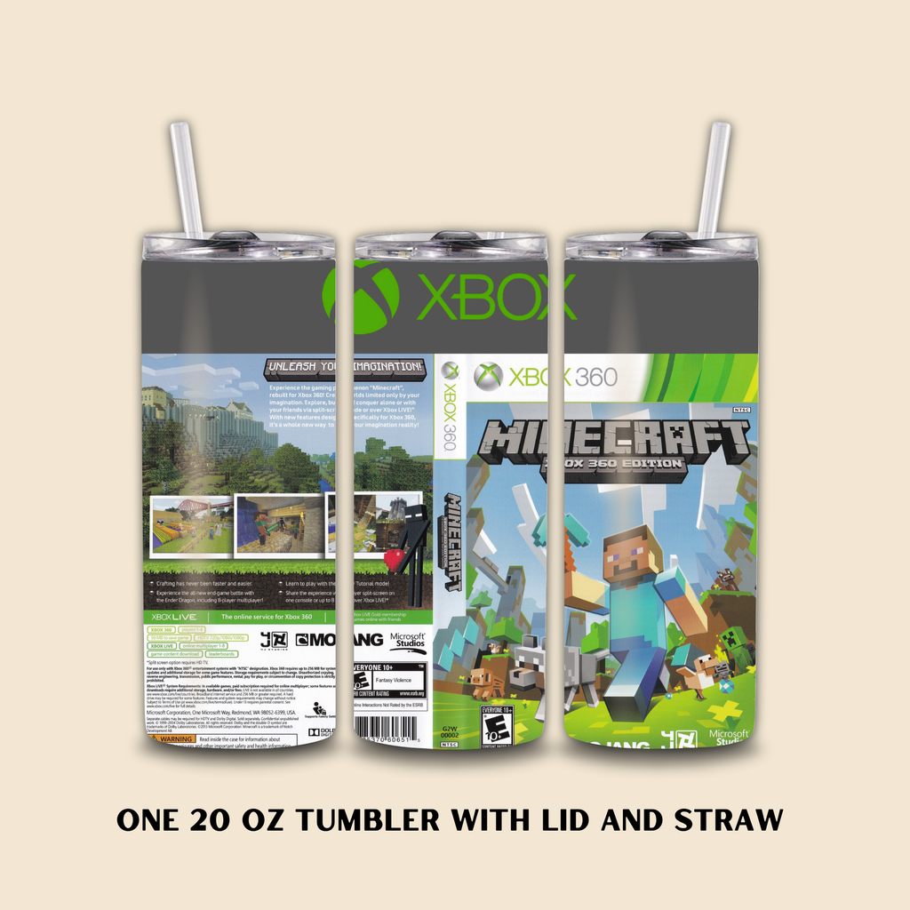 Three 20 oz tumblers with Minecraft and Xbox branding on a beige background.