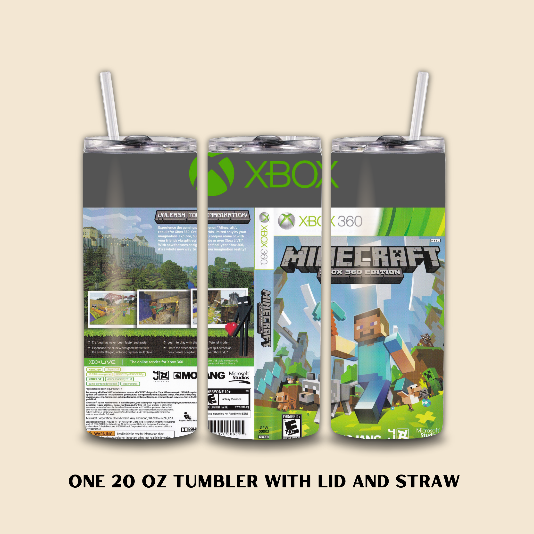 Three 20 oz tumblers with Minecraft and Xbox branding on a beige background.